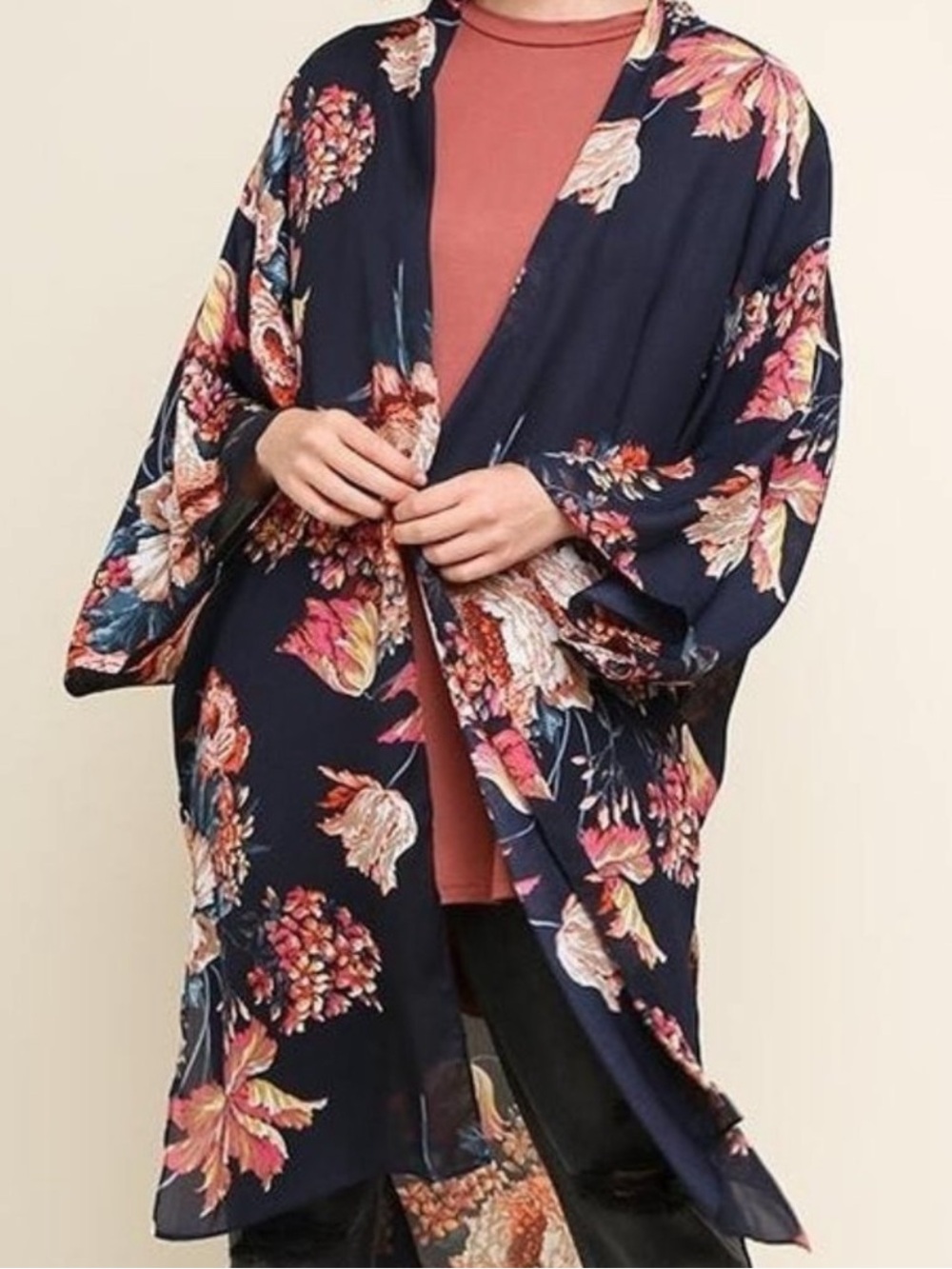 Umgee Floral Boho Kimono Duster Longline Navy Size Small Medium